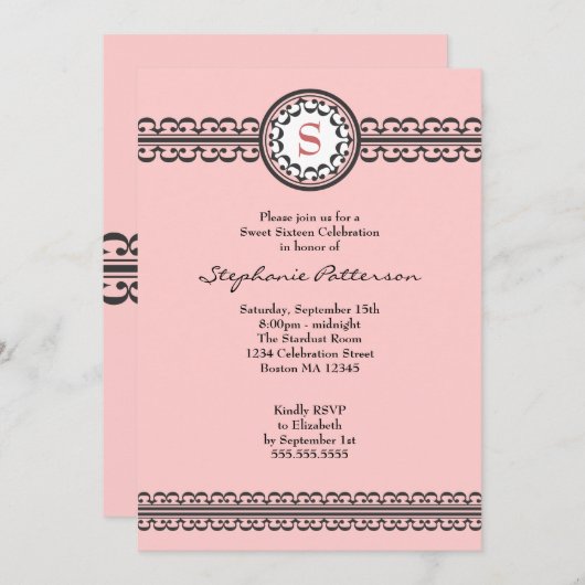 Schwarz-Spitzen-Pink Monogramm Sweet 16 Einladung (Vorne/Hinten)