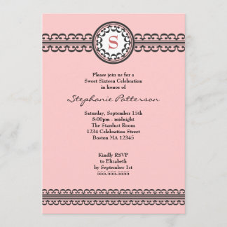 Schwarz-Spitzen-Pink Monogramm Sweet 16 Einladung