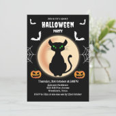 Schwarz Spooky Katze grüne Augen mit Mond Hallowee Einladung (Stehend Vorderseite)