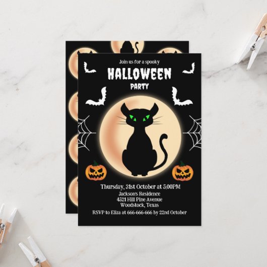 Schwarz Spooky Katze grüne Augen mit Mond Hallowee Einladung (Vorderseite/Rückseite Beispiel)