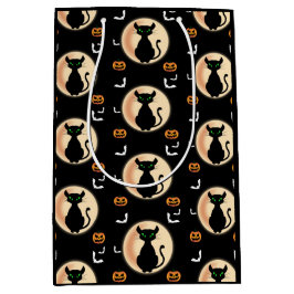 Schwarz Spooky Katze grüne Augen mit Mond Hallowee Mittlere Geschenktüte