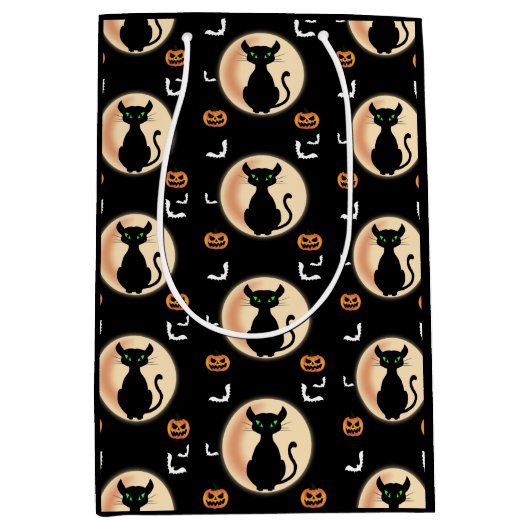 Schwarz Spooky Katze grüne Augen mit Mond Hallowee Mittlere Geschenktüte (Vorderseite)