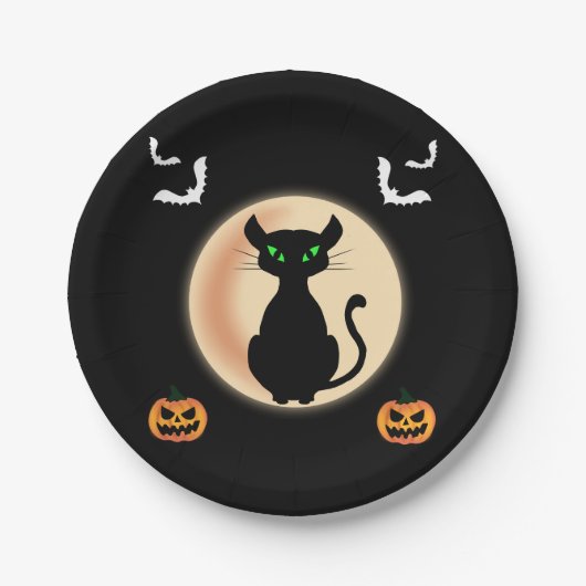 Schwarz Spooky Katze grüne Augen mit Mond Hallowee Pappteller (Vorderseite)