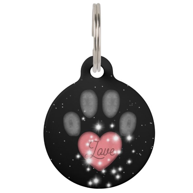 Schwarz Starlight Pink Heart Dog Paw Niedlich druc Haustiermarke (Vorderseite)