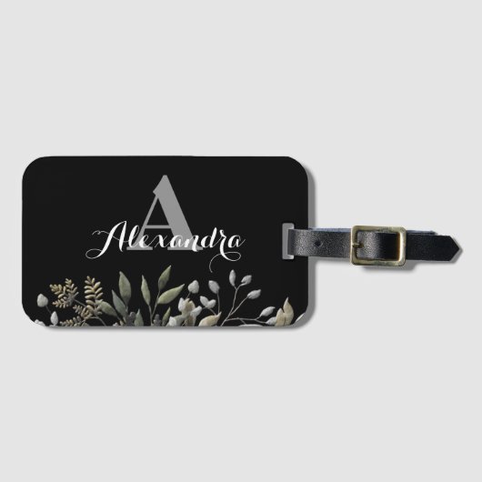 Schwarz Stilvolle Mit Monogramm Botanische Gepäckm Gepäckanhänger (Vorderseite (Horizontal))
