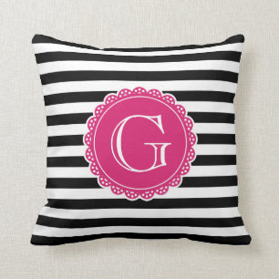 Schwarz Streifen Muster Hot Pink Monogramm Kissen