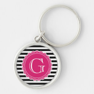 Schwarz Streifen Muster Hot Pink Monogramm Schlüsselanhänger