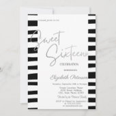Schwarz Streifen Silver Script Sweet 16 Einladung (Vorderseite)
