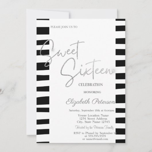 Schwarz Streifen Silver Script Sweet 16 Einladung (Vorderseite)