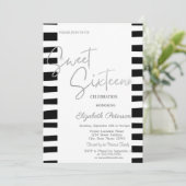 Schwarz Streifen Silver Script Sweet 16 Einladung (Stehend Vorderseite)