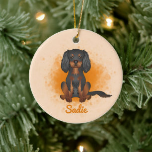 Schwarz & Tan Cavalier King Charles Hund auf Orang Keramik Ornament