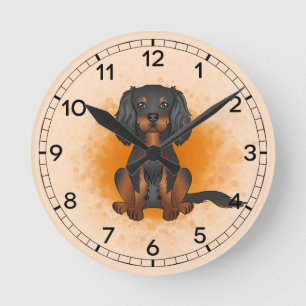 Schwarz & Tan Cavalier King Charles Hund auf Orang Runde Wanduhr