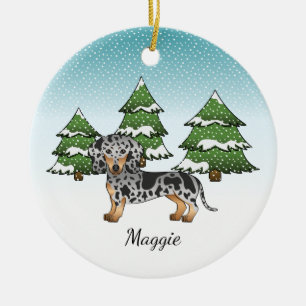 Schwarz & Tan Dapple Kurzhaar-Dachshund im Winter Keramik Ornament