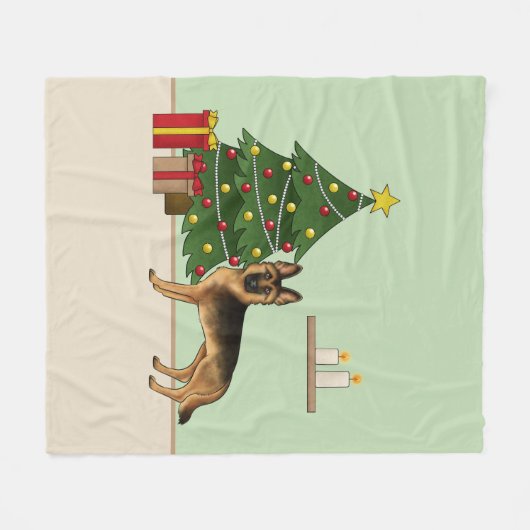 Schwarz-Tan-Deutscher Hirte und ein Weihnachtsbaum Fleecedecke (Vorderseite (Horizontal))