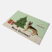 Schwarz-Tan-Deutscher Hirte und ein Weihnachtsbaum Fußmatte (Schrägansicht)