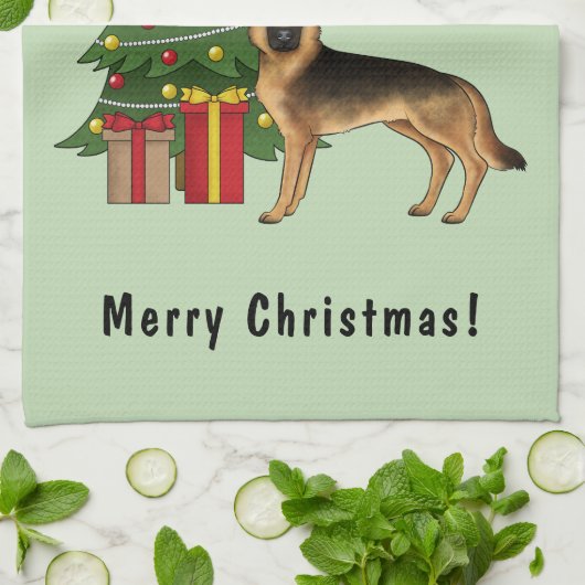 Schwarz-Tan-Deutscher Hirte und ein Weihnachtsbaum Geschirrtuch (Gefaltet)