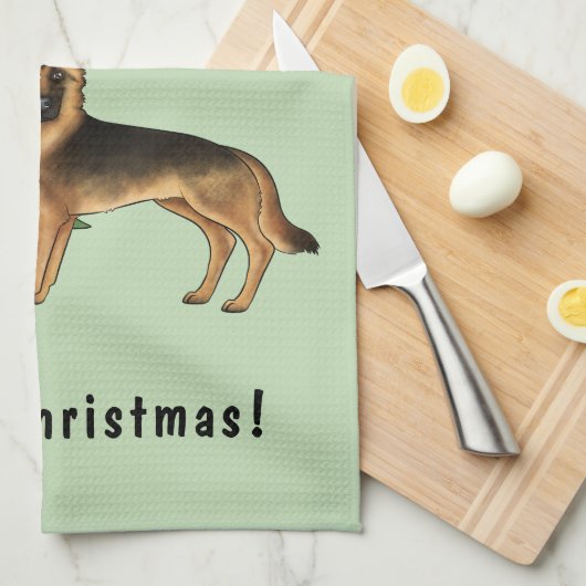 Schwarz-Tan-Deutscher Hirte und ein Weihnachtsbaum Geschirrtuch (Viertel Falte)