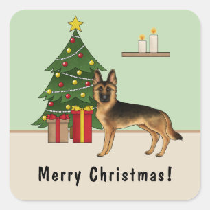 Schwarz-Tan-Deutscher Hirte und ein Weihnachtsbaum Quadratischer Aufkleber