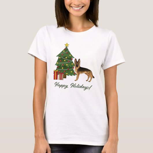 Schwarz-Tan-Deutscher Hirte und ein Weihnachtsbaum T-Shirt (Vorderseite)