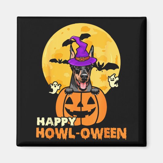 Schwarz-Tan-Dobermann-Hexenhund Frohes Halloween Magnet (Vorne)