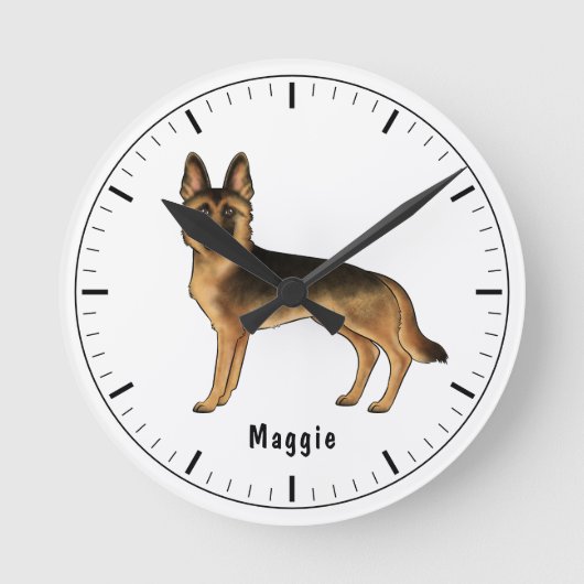 Schwarz-Tan-Hund mit benutzerdefiniertem Text Runde Wanduhr (Vorderseite)