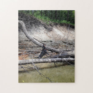 Schwarz-Tan-Konterhund-Treeing im Fluss Puzzle