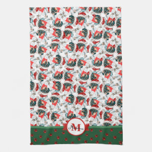 Schwarz-Tan-Piebald-Dackel-Monogramm-Weihnachts-Hu Geschirrtuch