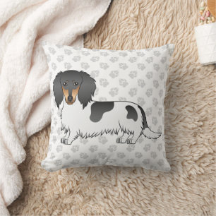 Schwarz-Tan-Piebald Langhaar-Dackel & Pfoten Kissen