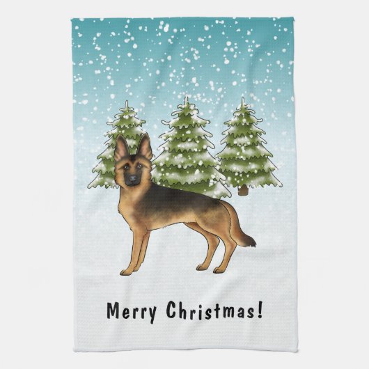 Schwarz-Tan-Schäfer Hund Winterwald Geschirrtuch (Vertikal)