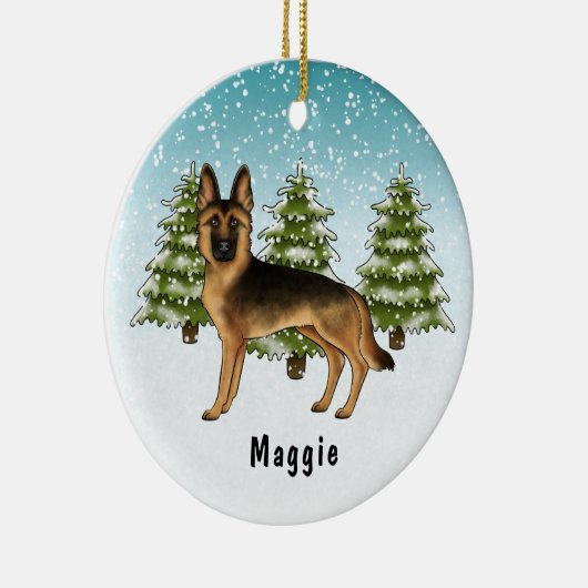 Schwarz-Tan-Schäfer Hund Winterwald Keramik Ornament (Rechts)