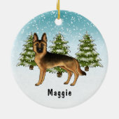 Schwarz-Tan-Schäfer Hund Winterwald Keramik Ornament (Hinten)