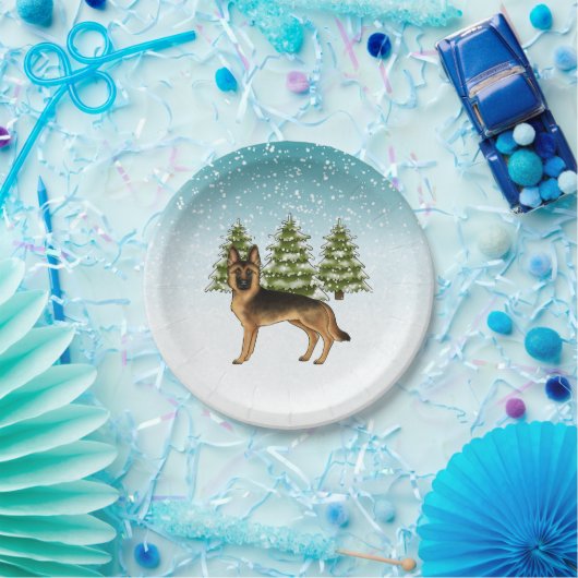 Schwarz-Tan-Schäfer Hund Winterwald Pappteller (Party)