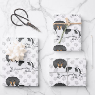 Schwarz-Tan-Schecke Langhaar-Dackel & Pfoten Geschenkpapier Set
