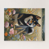 Schwarz-Tan-Shiba-Inu-Wildblumen-Feld Puzzle (Horizontal)
