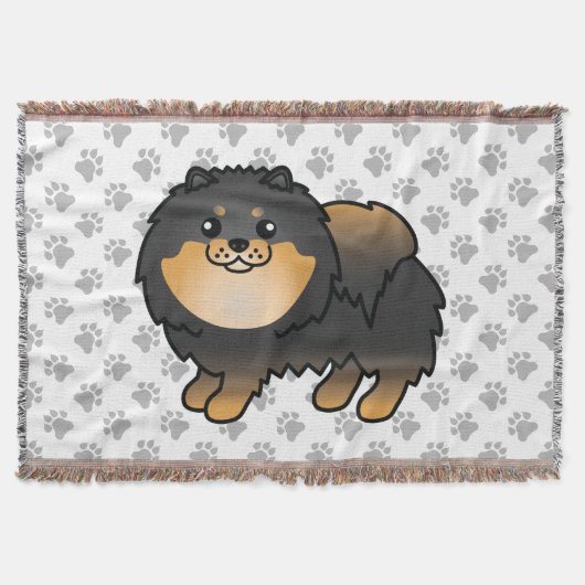 Schwarz-Tan-Spitz Niedlich Cartoon Dog & Paws Decke (Vorderseite)