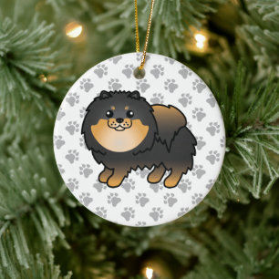Schwarz-Tan-Spitz Niedlich Cartoon Dog & Paws Keramik Ornament