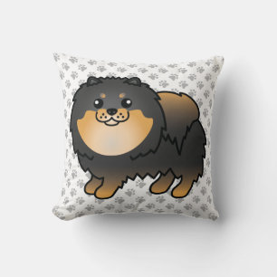 Schwarz-Tan-Spitz Niedlich Cartoon Dog & Paws Kissen