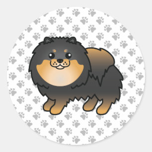 Schwarz-Tan-Spitz Niedlich Cartoon Dog & Paws Runder Aufkleber