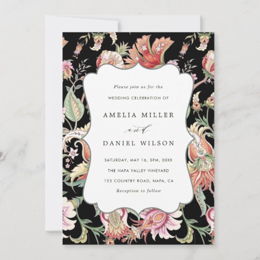 Schwarz | Tropische Fantasie Boho Blumenhochzeit Einladung (Vorderseite)