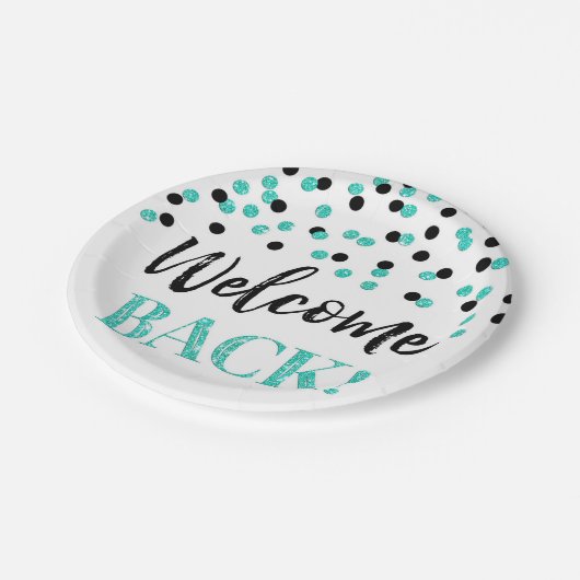 Schwarz-Türkis-Confetti-Begrüßung Back Paper-Telle Pappteller (Schrägansicht)