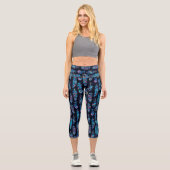 Schwarz-Türkis-Federmuster Capri Leggings (Vorderseite)
