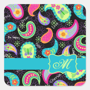 Schwarz Türkis Modernes Paisley Muster Monogram Quadratischer Aufkleber