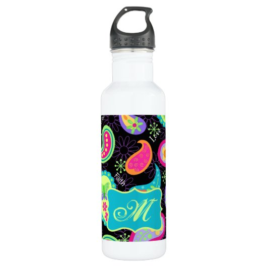Schwarz Türkis Modernes Paisley Muster Monogram Trinkflasche (Vorderseite)