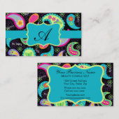 Schwarz Türkis Modernes Paisley Muster Monogram Visitenkarte (Vorne/Hinten)