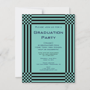 Schwarz-Türkis-Schachbretter Stripes Graduation Pa Einladung