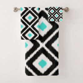 Schwarz, Türkis, Weiß Ikat Diamantmuster Badhandtuch Set