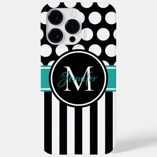 Schwarz-Türkis-Weißstreifen-Polka-Dot-Monogramm Case-Mate iPhone Hülle (Rückseite)