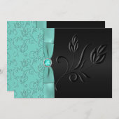 Schwarz und Aqua Floral, Jewels Hochzeitseinladung Einladung (Vorne/Hinten)