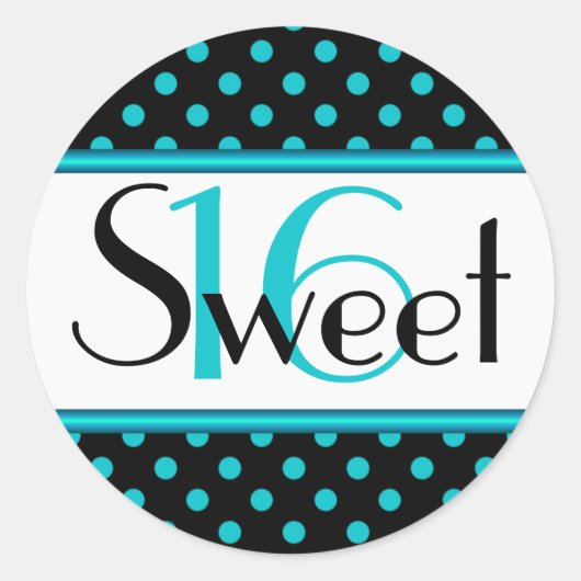 Schwarz und Aqua Polka Dot Sweet 16 Sticker (Vorderseite)