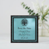 Schwarz und Aqua Swirl Liebe Tree Wedding Rett The Save The Date (Stehend Vorderseite)